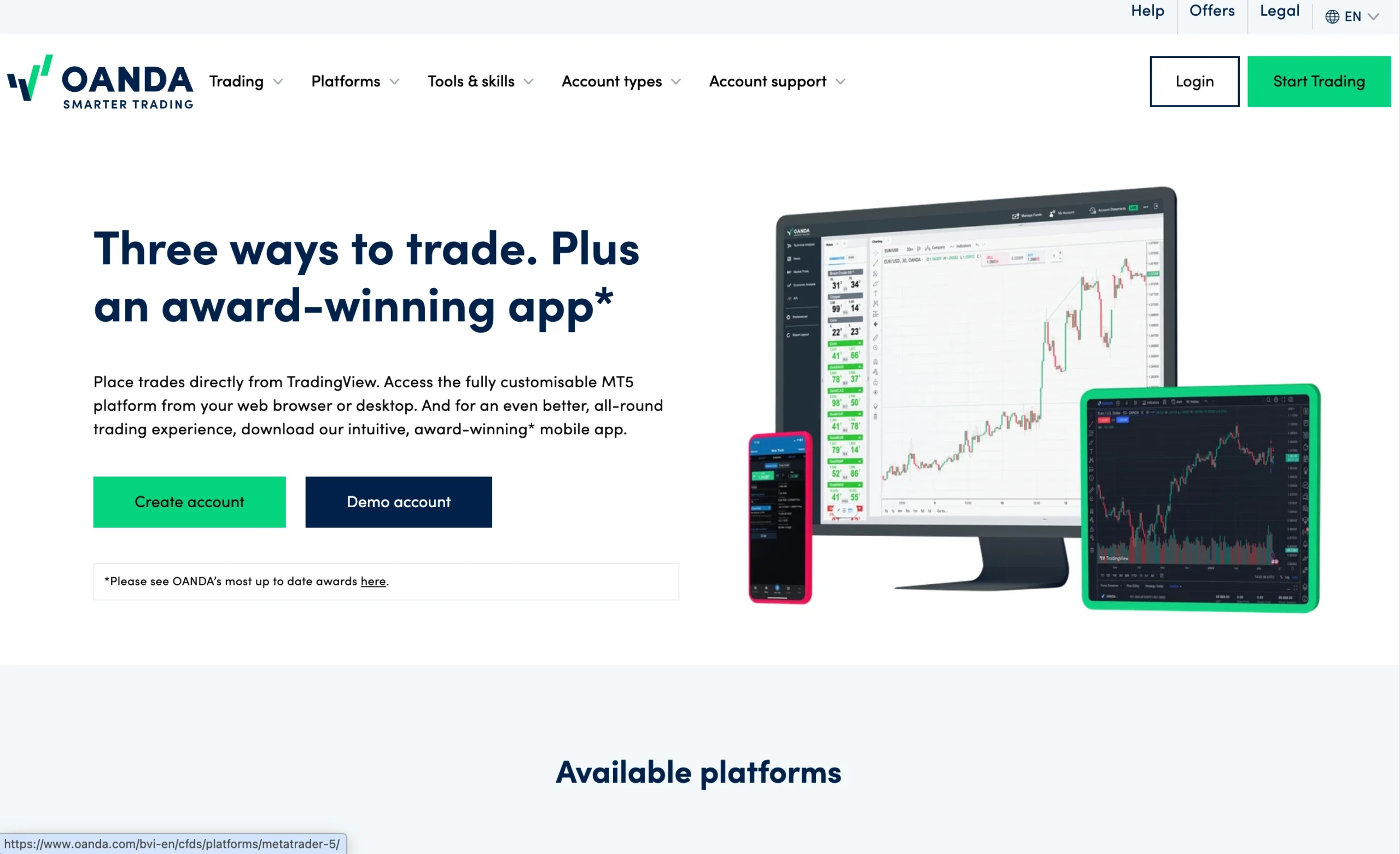 OANDA review image showing the trading platforms available to clients, including the OANDA web Platform, OANDA Mobile App, TradingView and MetaTrader 5.