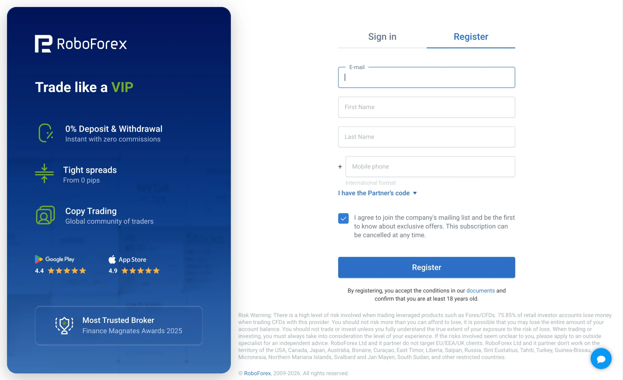 RoboForex review image showing the account opening page where clients enter personal information to open a trading account.