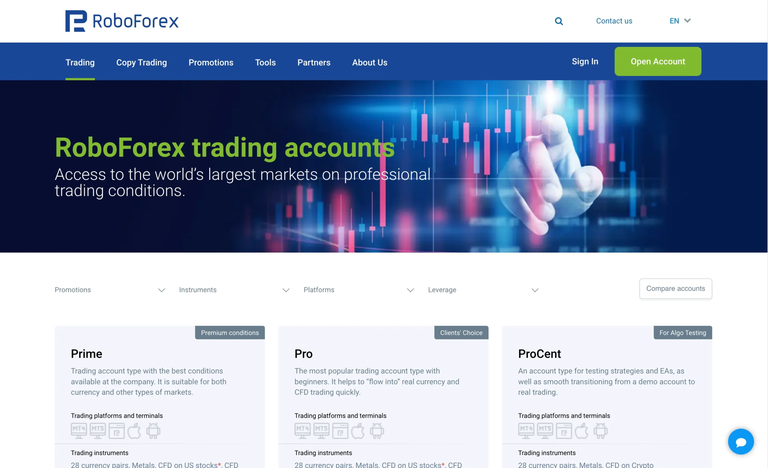 RoboForex review image showing available account types including the Prime, Pro, ProCent, ECN and R StockTrader accounts.