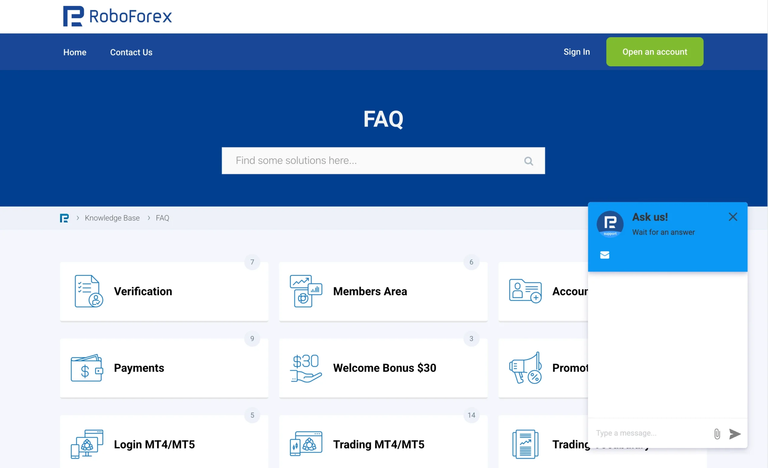 RoboForex review image showing customer support options including a contact form, live chat, phone numbers, WhatsApp and FAQ page.