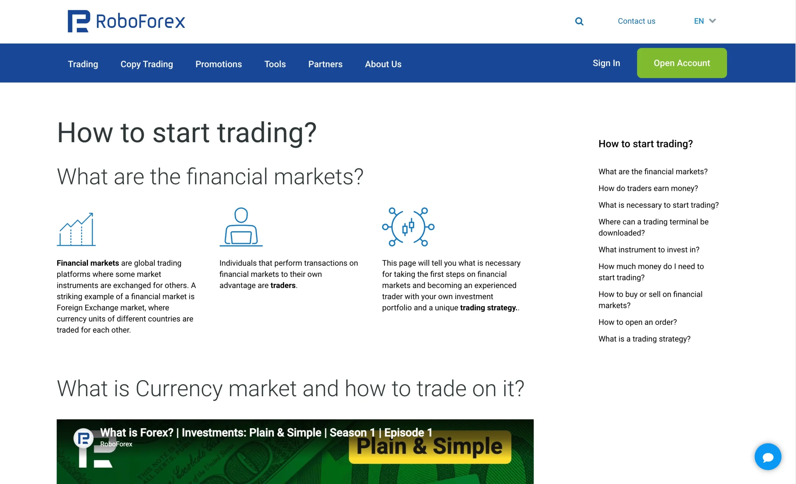 RoboForex review image showing the education page with trading guides and educational material for clients.