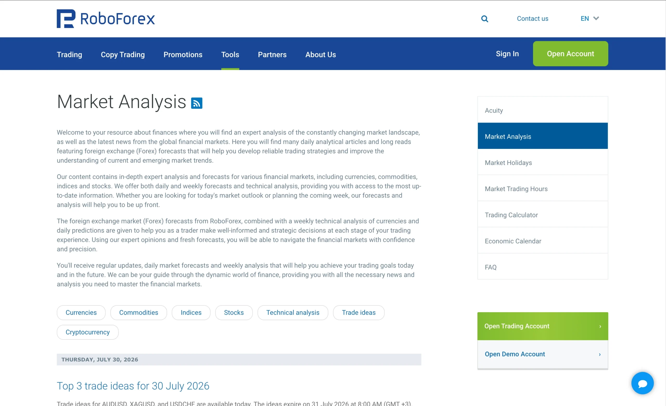 RoboForex review image showing the market analysis page with news, forecasts and tools from trading professionals.
