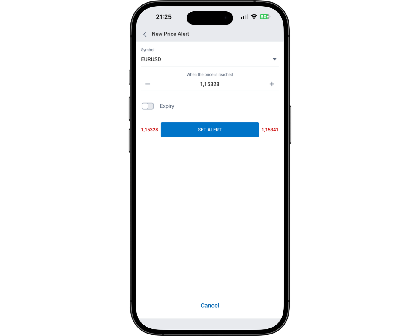 RoboForex Review image showing the MobileTrader mobile app Price Alert page where users can set alerts and notifications on the trading instruments.