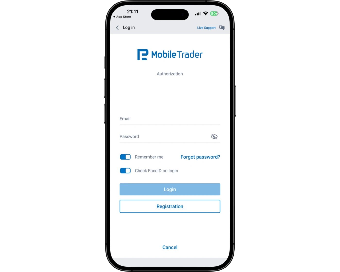 RoboForex review image showing the MobileTrader login page where clients enter their login number, server, and password.