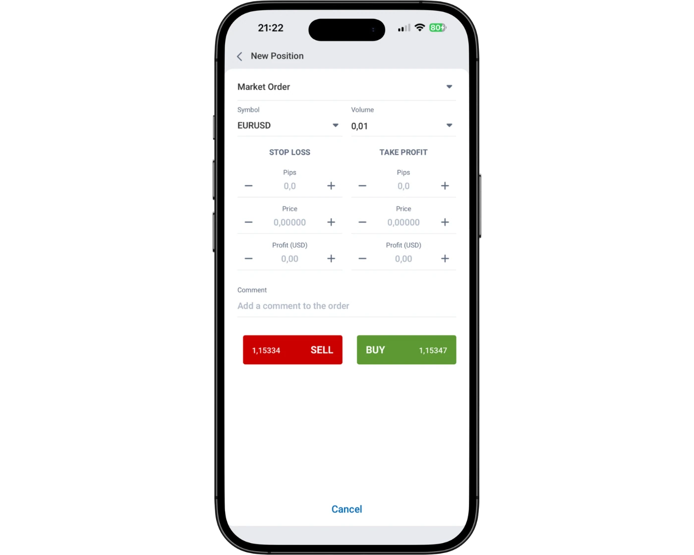 RoboForex Review image showing the MobileTrader mobile app orders page, including instrument selection, lot size, stop loss, take profit, and buy/sell options.
