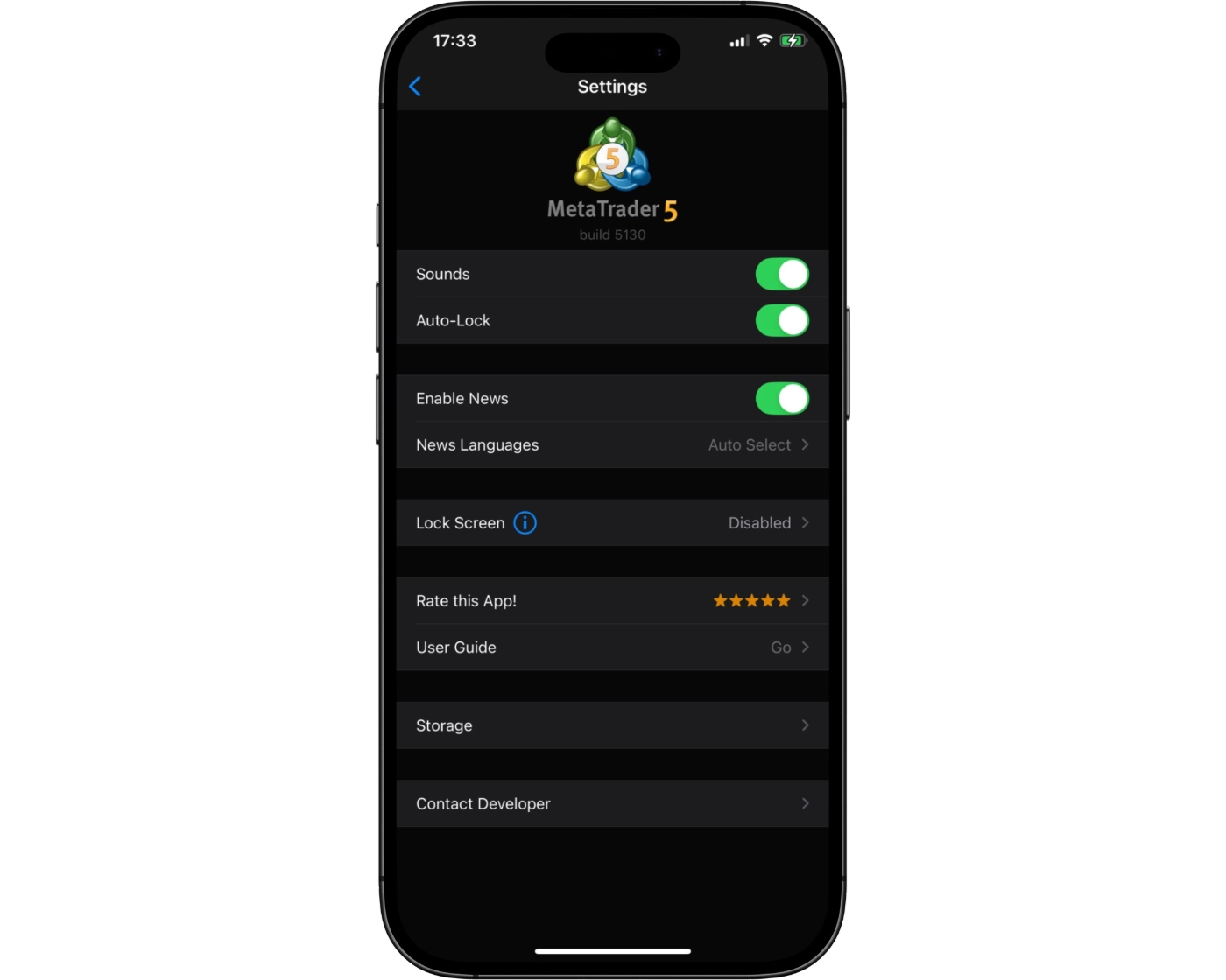 RoboForex Review image showing the MT4 mobile app settings page, including account, chart, and notification settings.