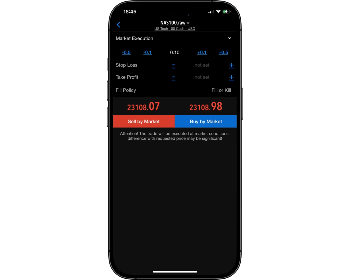 RoboForex Review image showing the MT4 mobile app orders page, including instrument selection, lot size, stop loss, take profit, and buy/sell options.