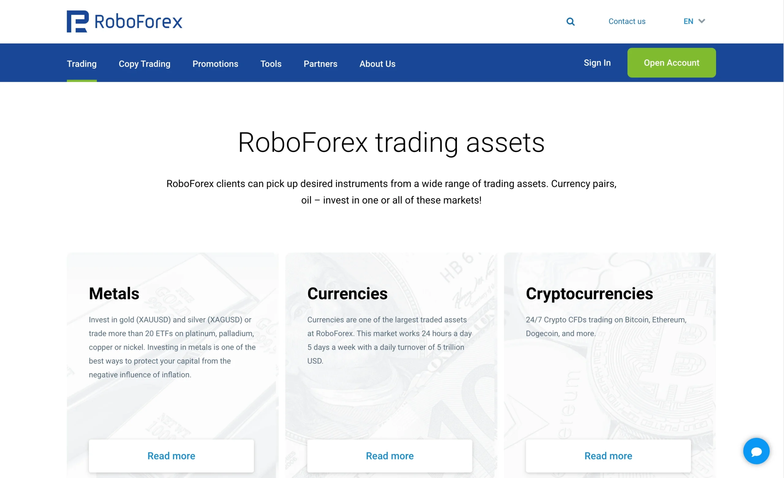 RoboForex review image showing all tradable instruments RoboForex offers, including Metals, Currencies, Cryptocurrencies, Stocks, Indices, ETFs, Commodities and Energy commodities.