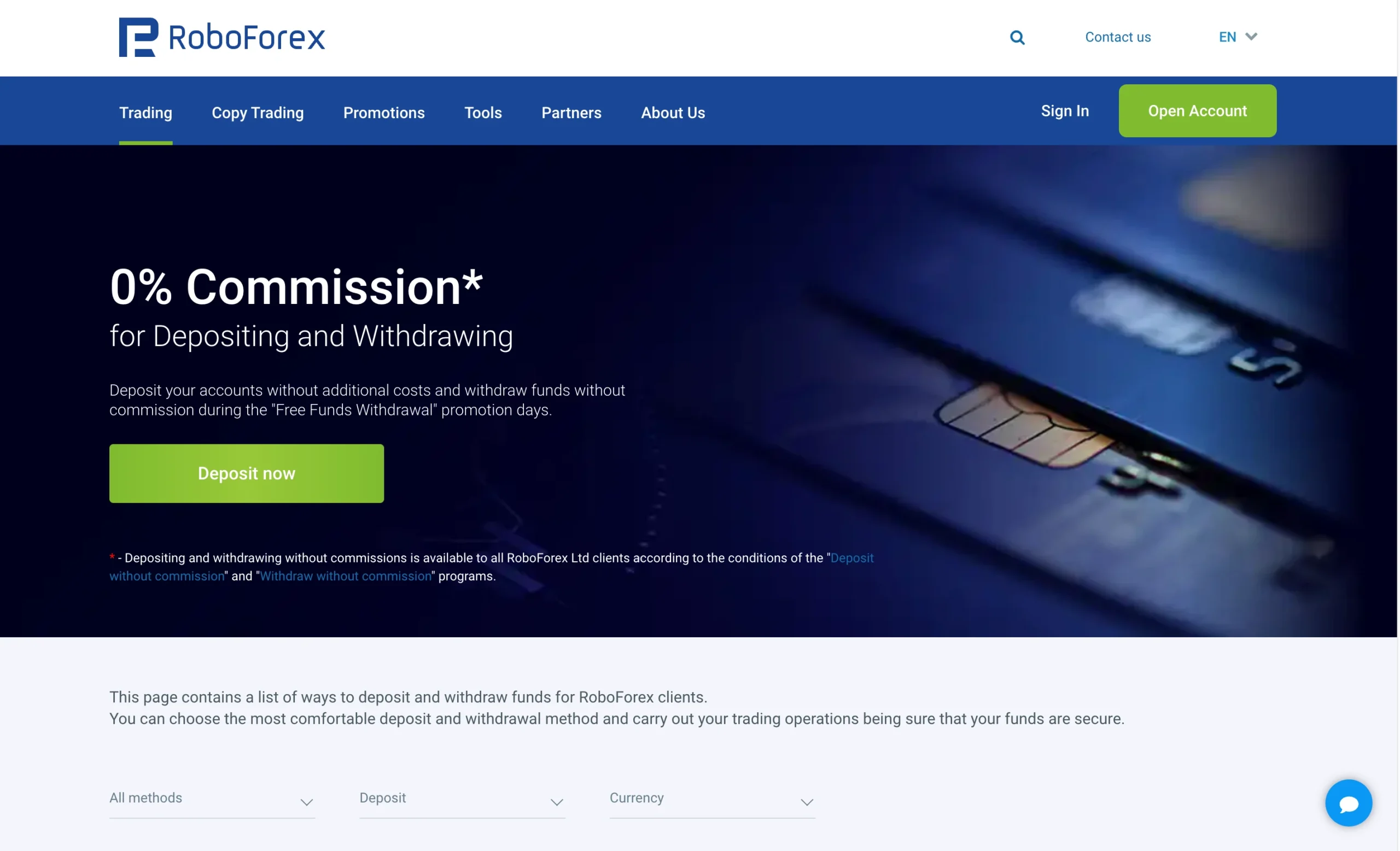 RoboForex review image showing all funding and withdrawal methods at RoboForex.