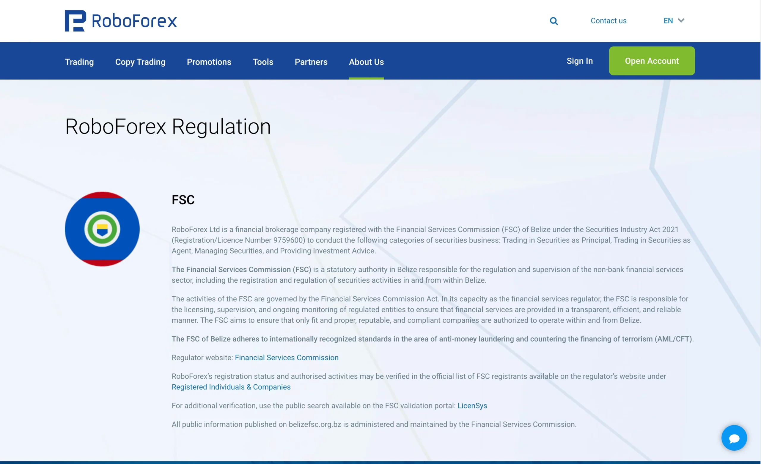 RoboForex regulation page showing office addresses, regulators, license numbers, and client money protection details for jurisdictions including FSC.