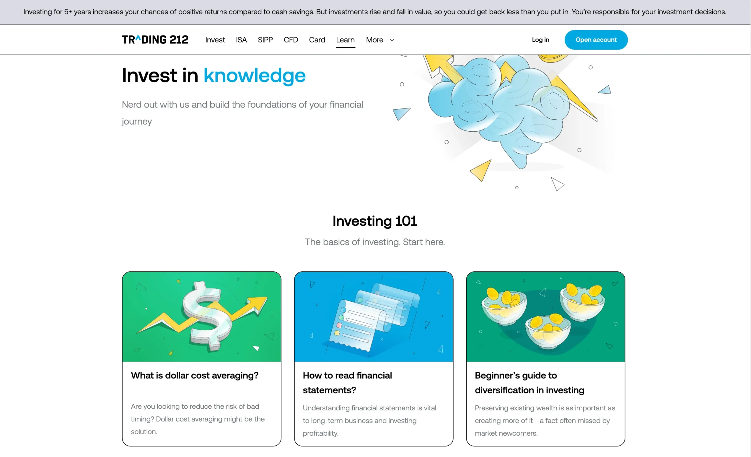 Trading 212 review image showing the education page with trading guides and educational material for clients.