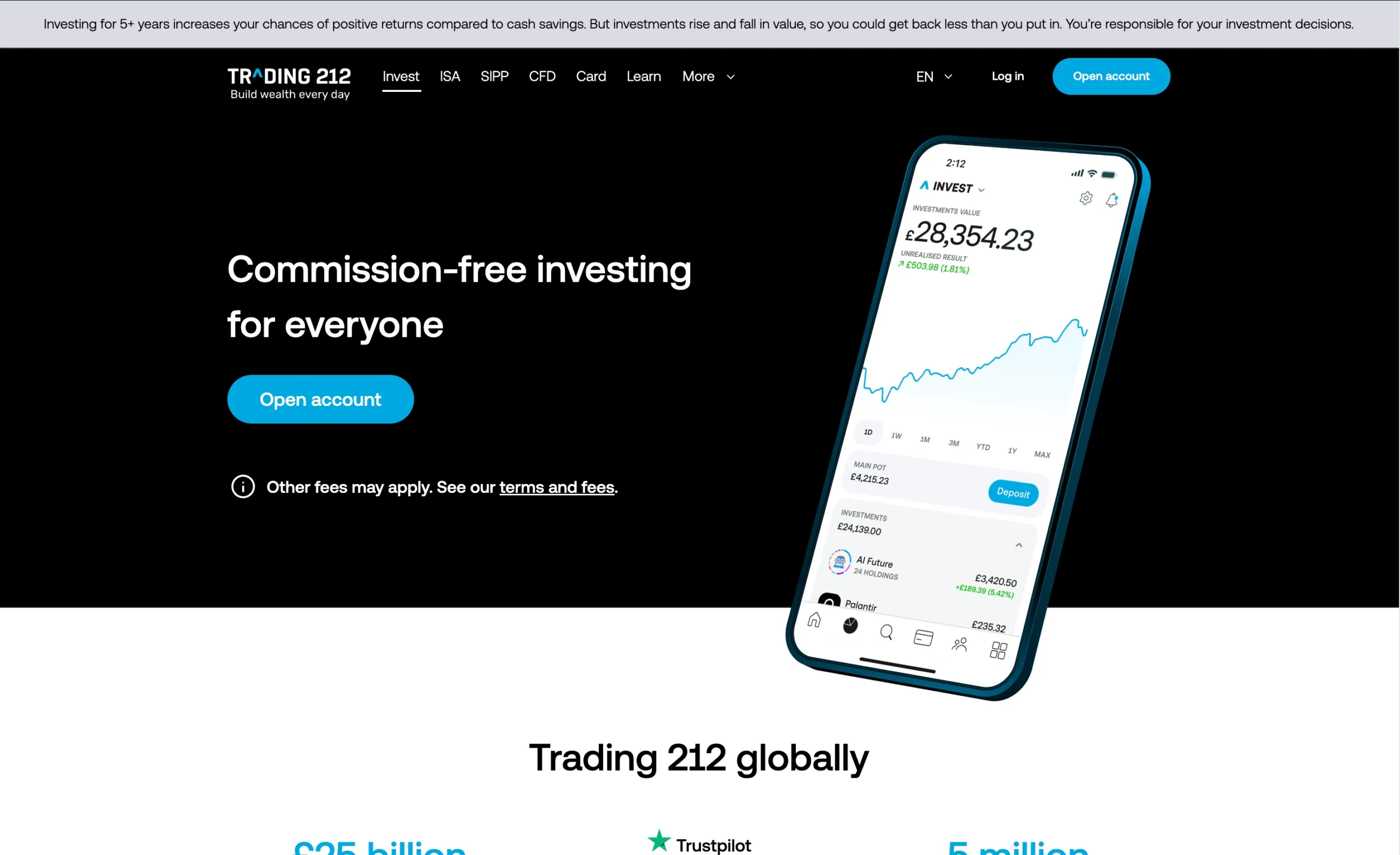 Trading 212 review image showing the broker’s trading fees, including live spreads, commissions, and swap rates across Forex, Crypto, Indices, Metal and Commodities.