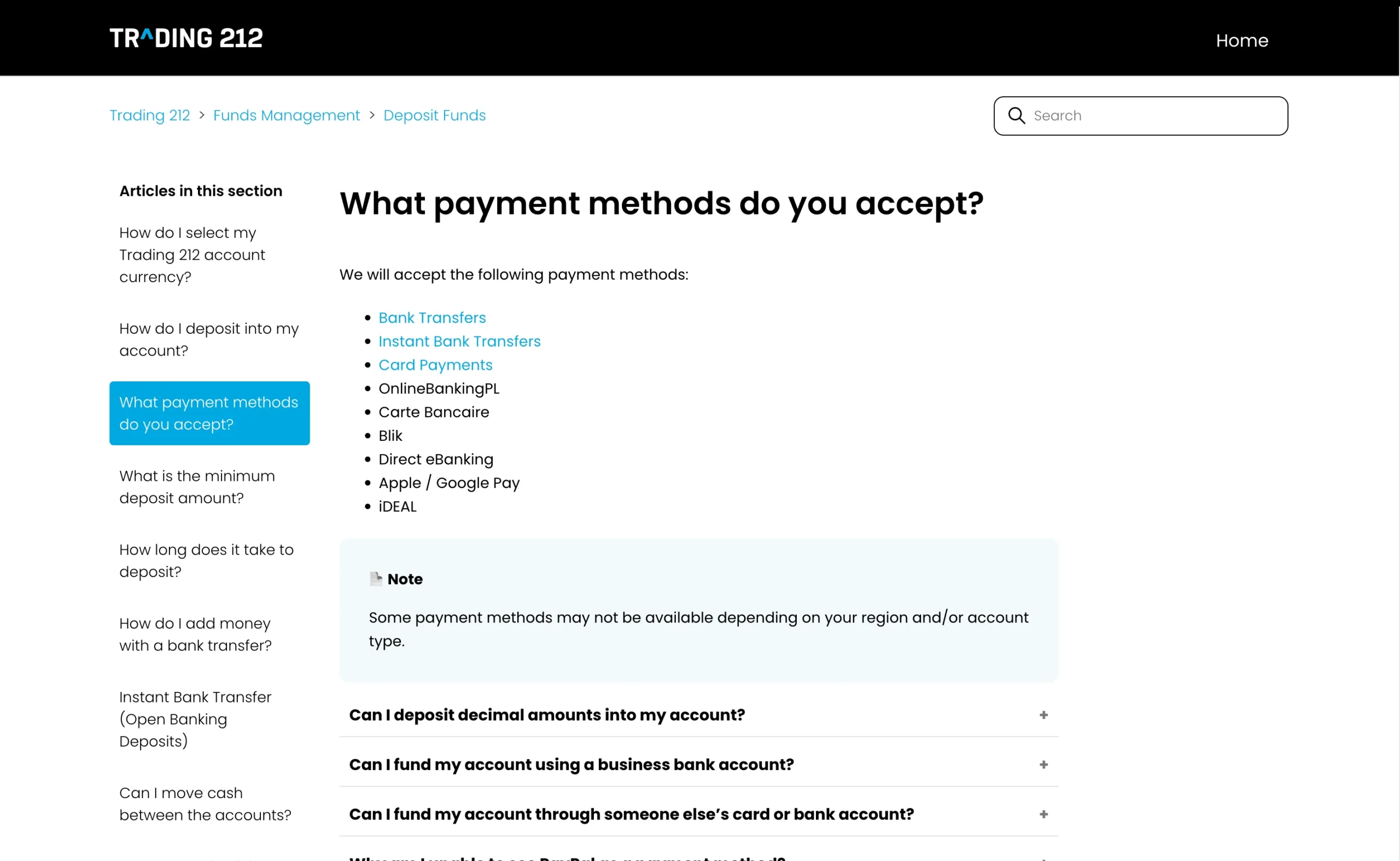 Trading 212 review image showing all funding and withdrawal methods at Trading 212.