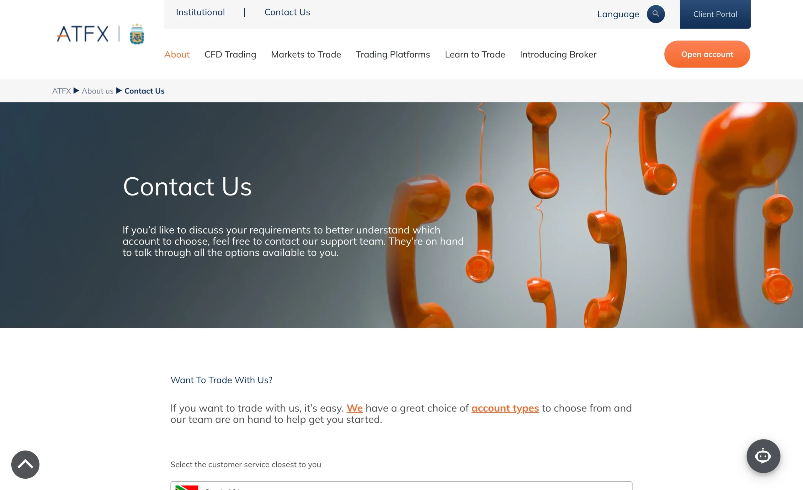 ATFX review image showing customer support options including a contact form, live chat, emails and phone numbers.