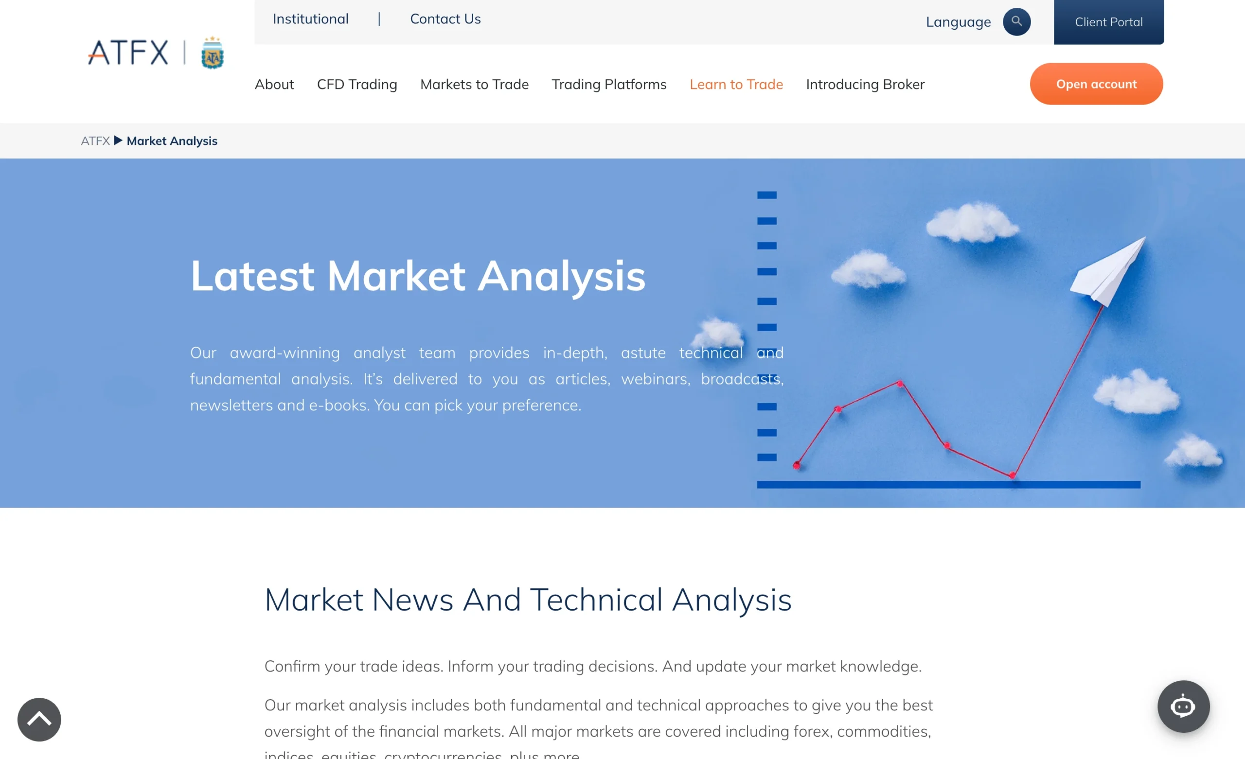 ATFX review image showing the market analysis page with news, forecasts and tools from trading professionals.