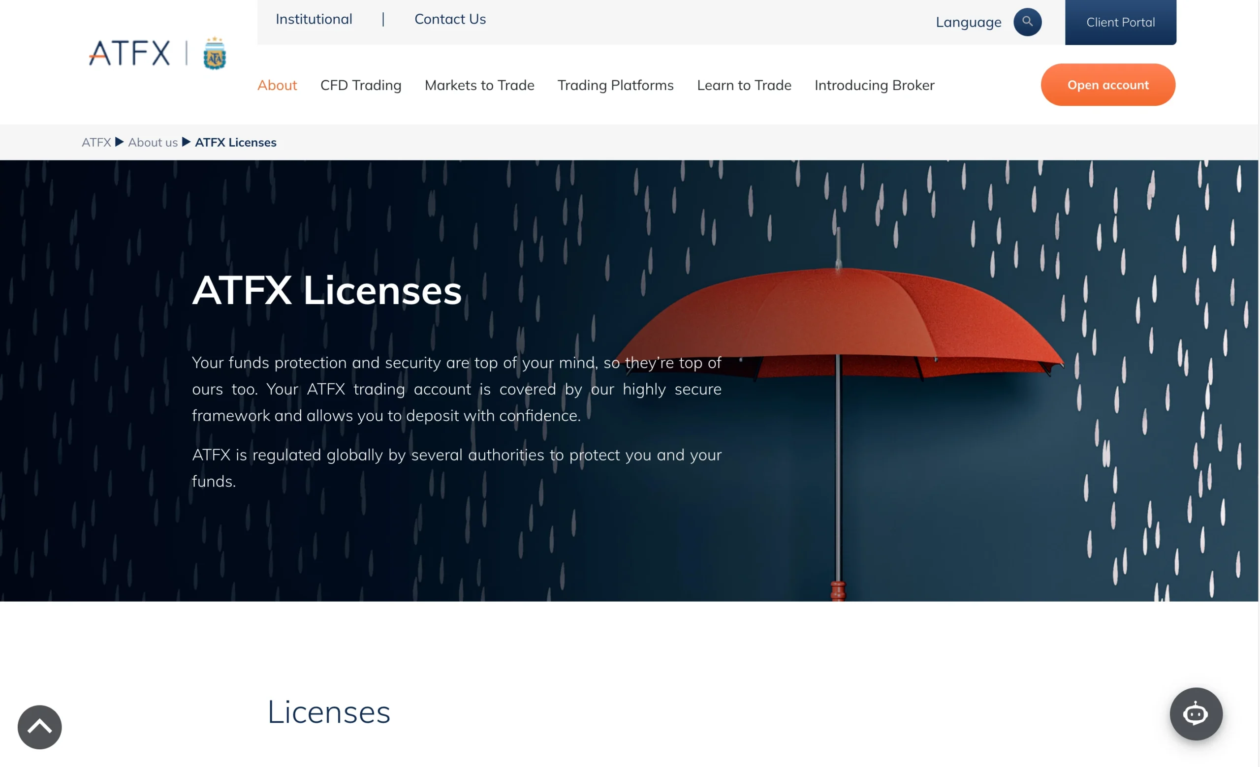 ATFX regulation page showing license numbers, and client money protection details for jurisdictions including the FCA, FSCA, ASIC, CMA, CySEC, SFC, FSA, SFC, SERC and SFC.