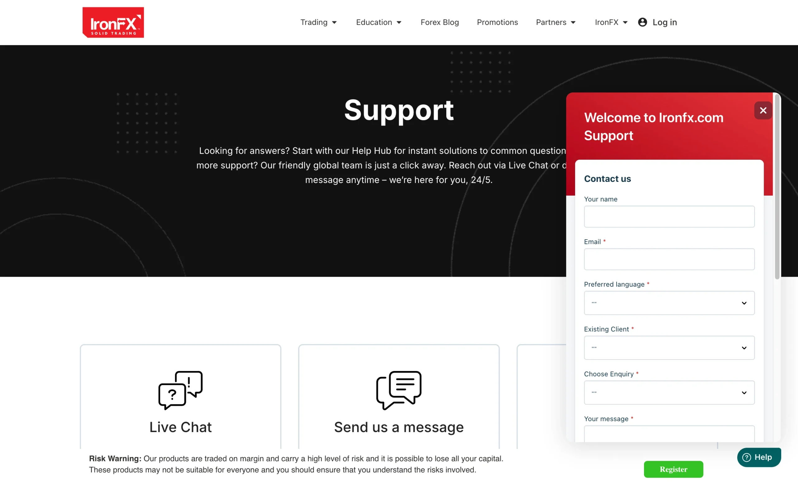 IronFX review image showing customer support options including a contact form, live chat, emails, and Help Hub page.