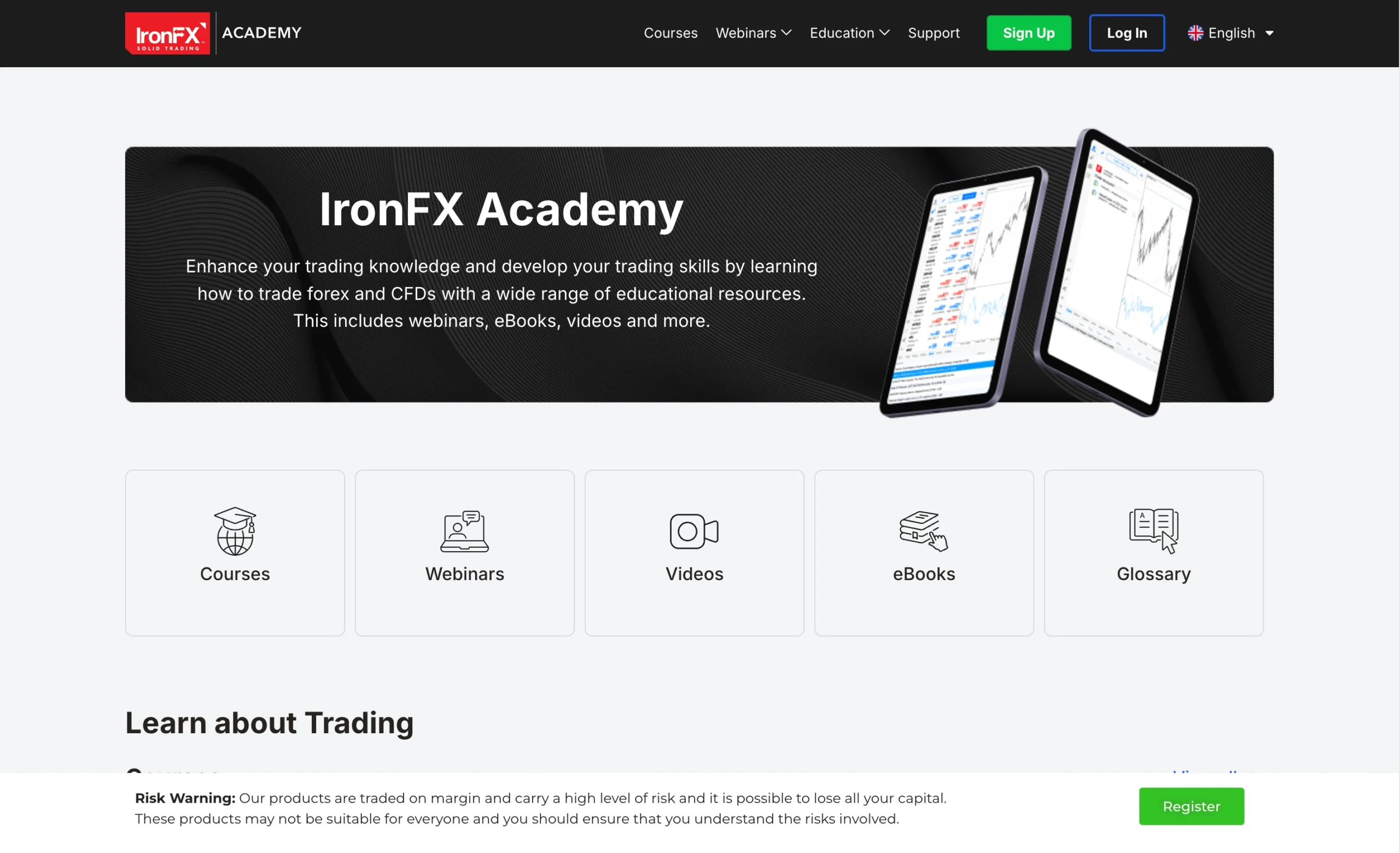 IronFX review image showing the education page with trading guides and educational material for clients.