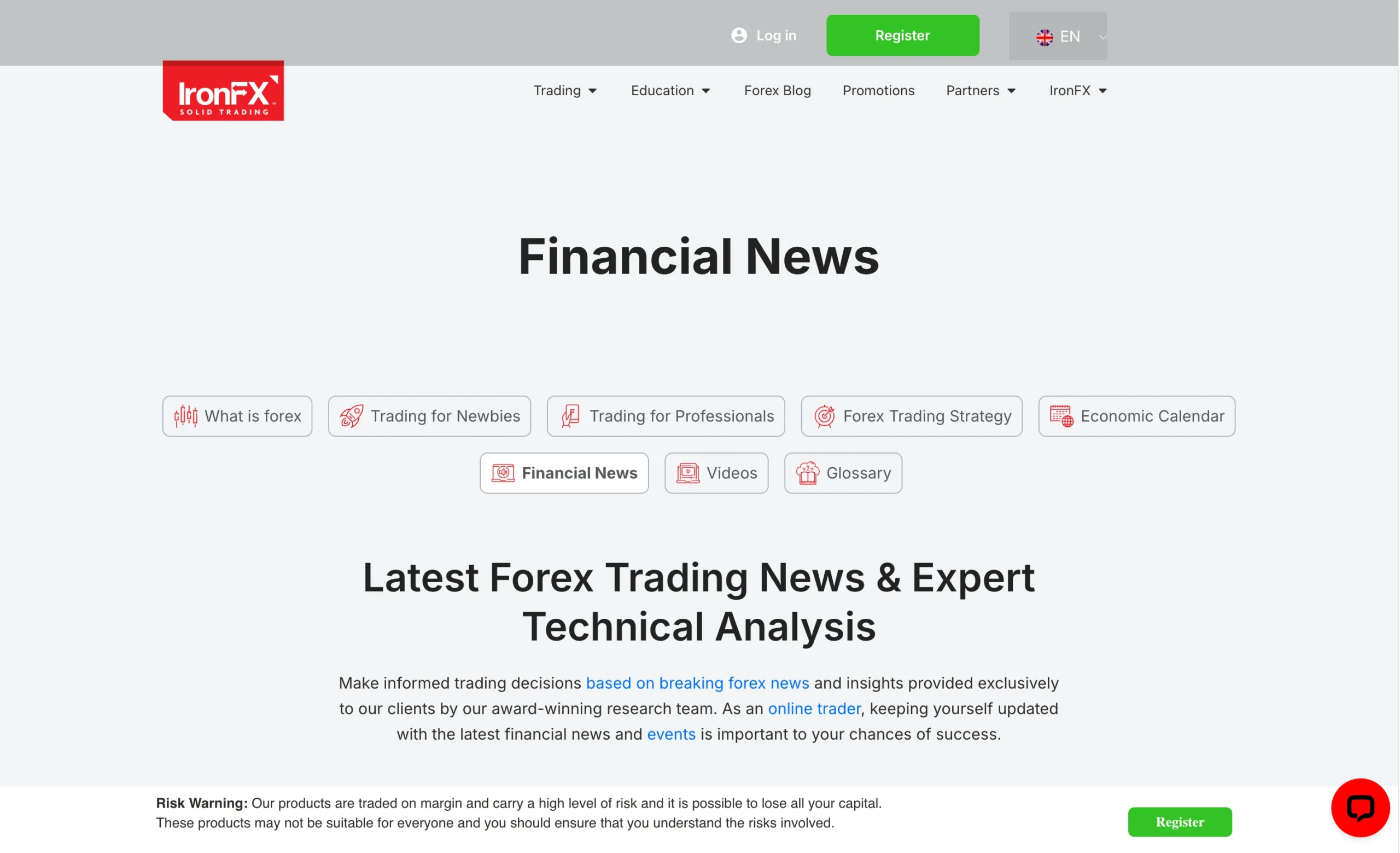 IronFX review image showing the market analysis page with news, forecasts and tools from trading professionals.