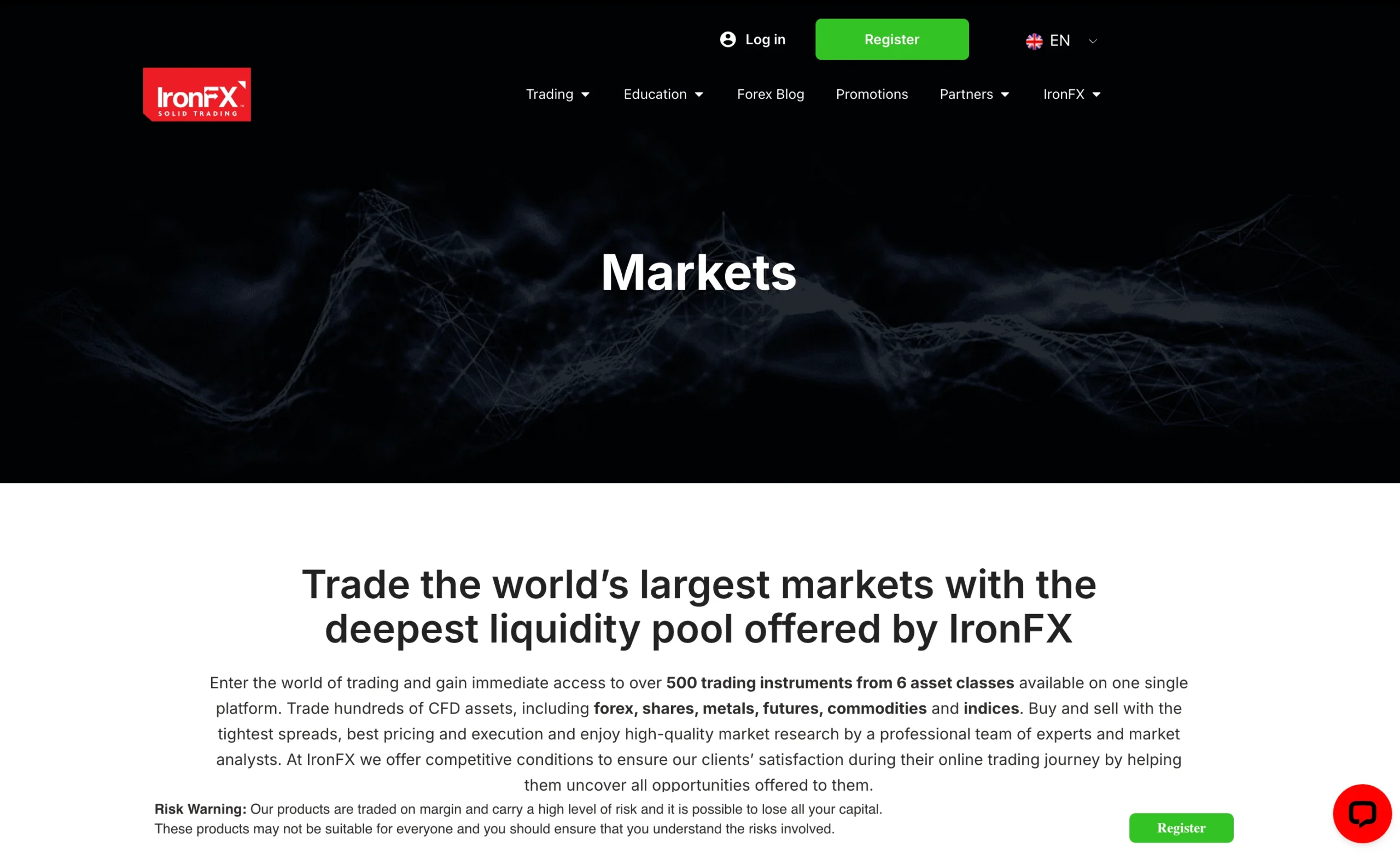 IronFX review image showing all tradable instruments IronFX offers, including Metals, Currencies, Shares, Indices, Commodities and Energy commodities.