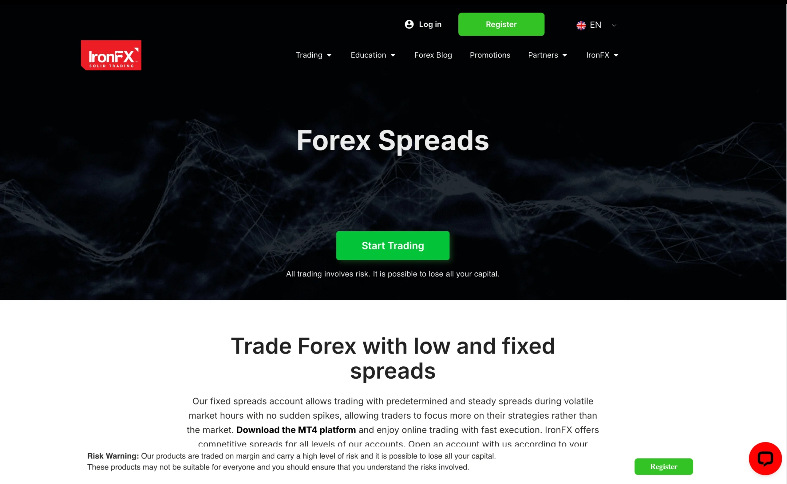 IronFX review image showing the broker’s trading fees, including live spreads, commissions, and swap rates across Currencies, Metals, Indices, Energies and Shares.