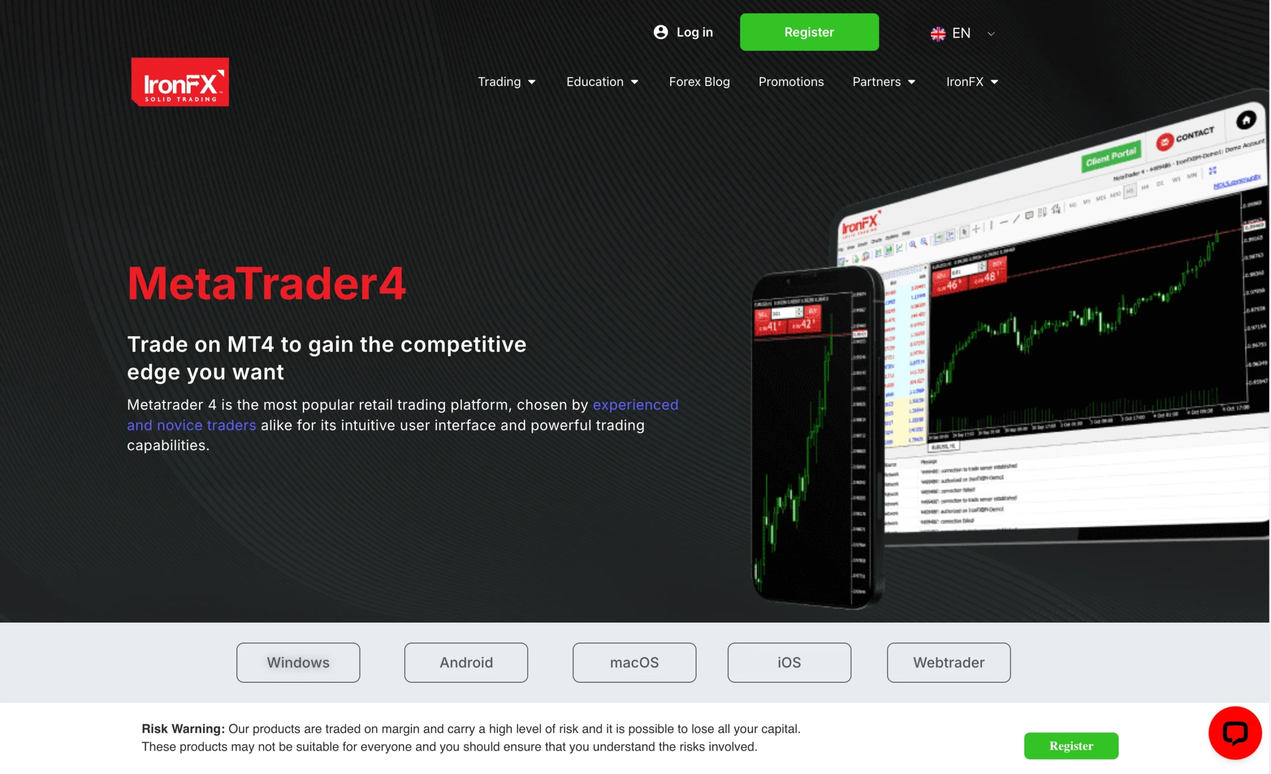 IronFX review image showing the trading platforms available to clients, including the MetaTrader 4 Desktop Platform, MetaTrader 4 Mobile App and MetaTrader WebTrader.