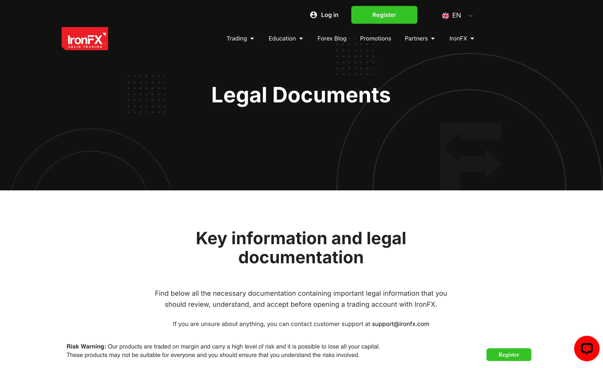 IronFX regulation page showing office addresses, regulators, license numbers, and client money protection details for jurisdictions including the FCA, CySEC, FSC and FSCA.